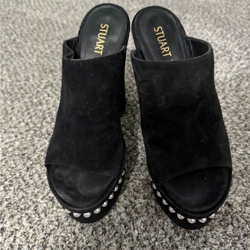 Stuart Weitzman Black Mules with Pearls Chunky Platform
